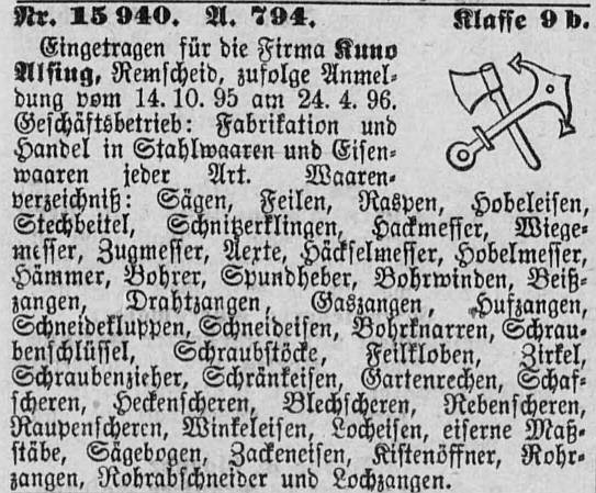Markenanmeldung Kuno Alsing 1895