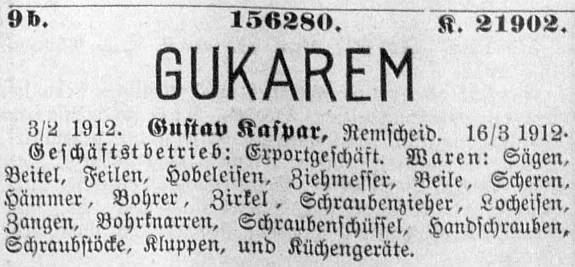Markenanmeldung Gustav Kaspar, 1912