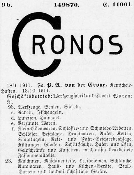 Markenanmeldung P. A. von der Crone 1911